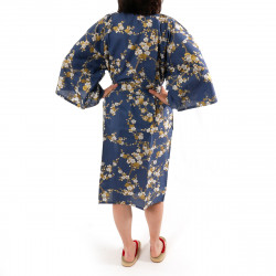 kimono happi azul algodón japonés, SHIRAUME, flores de ciruelo blanco