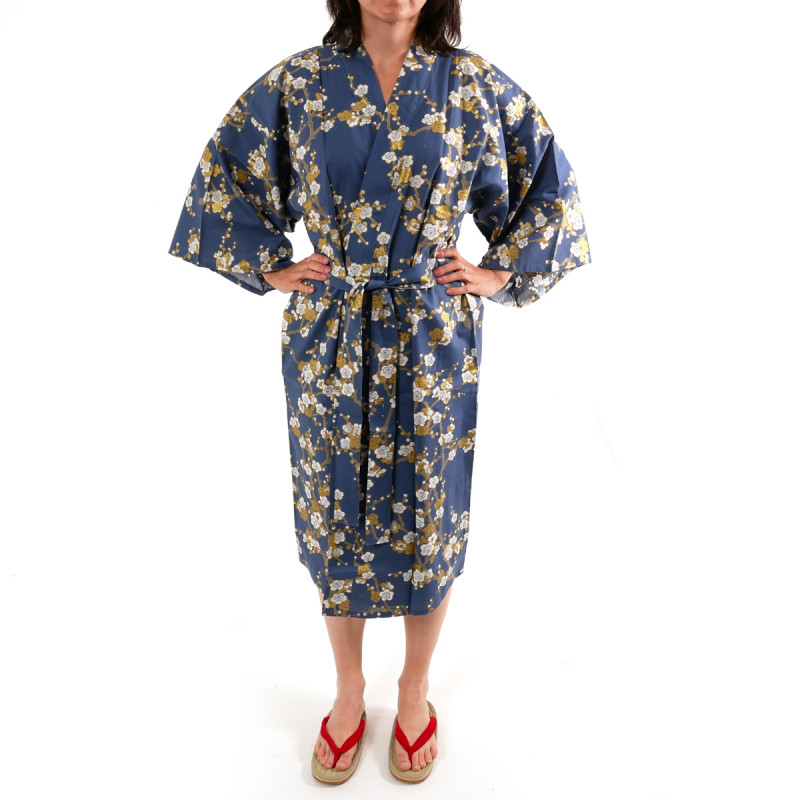 Japanese traditional blue navy cotton happi coat kimono white plum for ladies