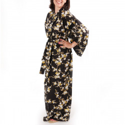 yukata japonés kimono algodón negro, SHIRAUME, flores de ciruelo blanco