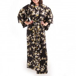 kimono giapponese yukata in cotone nero, SHIRAUME, fiori di prugna bianca