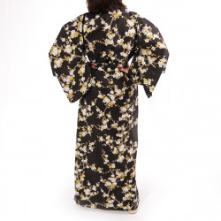 kimono giapponese yukata in cotone nero, SHIRAUME, fiori di prugna bianca