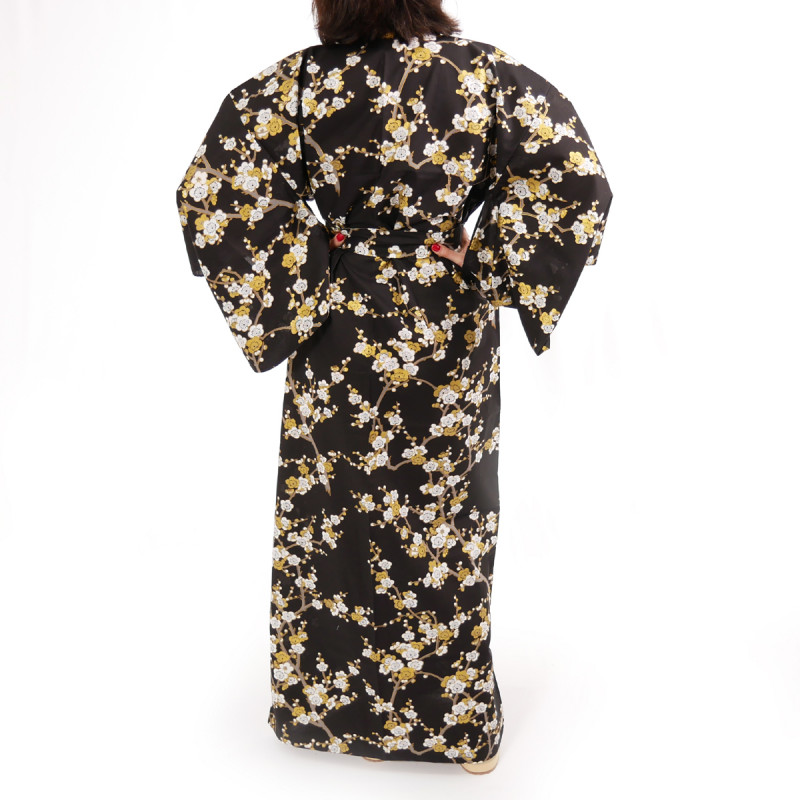 japanischer Yukata Kimono aus schwarzer Baumwolle, SHIRAUME, weiße Pflaumenblüten