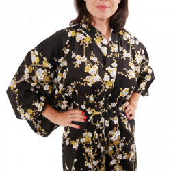 yukata japonés kimono algodón negro, SHIRAUME, flores de ciruelo blanco