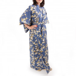 kimono yukata traditionnel japonais bleu en coton fleurs prune blanches pour femme