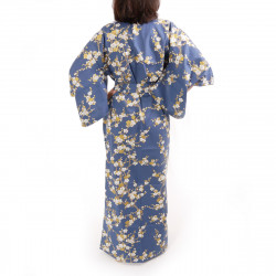 japanische Yukata Kimono blaue Baumwolle, SHIRAUME, weiße Pflaumenblüten