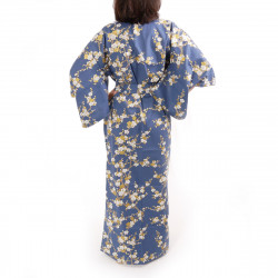 kimono yukata traditionnel japonais bleu en coton fleurs prune blanches pour femme