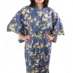 japanische Yukata Kimono blaue Baumwolle, SHIRAUME, weiße Pflaumenblüten