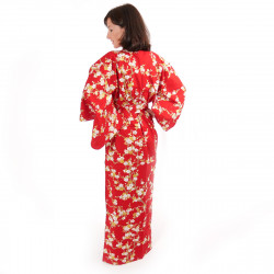 yukata japonés kimono rojo algodón, SHIRAUME, flores de ciruelo blanco