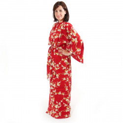 japanische Yukata Kimono rote Baumwolle, SHIRAUME, weiße Pflaumenblüten