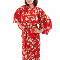 yukata japonés kimono rojo algodón, SHIRAUME, flores de ciruelo blanco