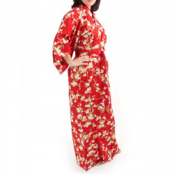 Japanese traditional red cotton yukata kimono white plum for ladies