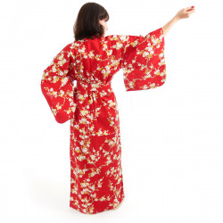 yukata japonés kimono rojo algodón, SHIRAUME, flores de ciruelo blanco