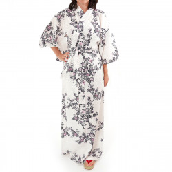 kimono giapponese yukata in cotone bianco, SAKURA, fiori di ciliegio