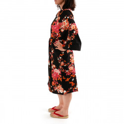 Japanese traditional black cotton sateen happi coat kimono peony and cherry blossom for ladies