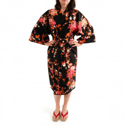 Japanese traditional black cotton sateen happi coat kimono peony and cherry blossom for ladies