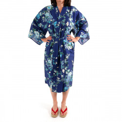 Japanese traditional blue navy cotton sateen happi coat kimono peony and cherry blossom for ladies