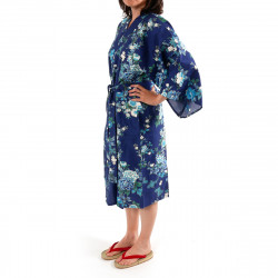 Japanese traditional blue navy cotton sateen happi coat kimono peony and cherry blossom for ladies