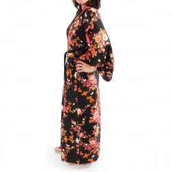 Kimono giapponese in cotone nero, SAKURA PEONY, peonia e fiori di ciliegio