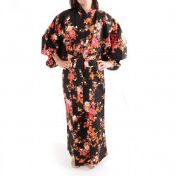 Japanese traditional black kimono peony and cherry blossom for ladies