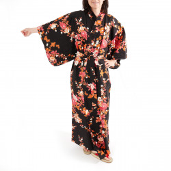 Japanischer schwarzer Kimono aus Baumwolle, SAKURA PEONY, Pfingstrose und Kirschblüten