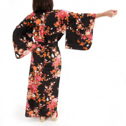 Japanischer schwarzer Kimono aus Baumwolle, SAKURA PEONY, Pfingstrose und Kirschblüten