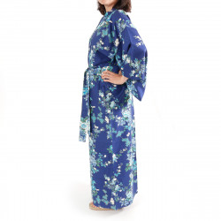 Japanischer blauer Baumwoll-Kimono, SAKURA PEONY, Pfingstrose und Kirschblüten