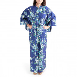 Japanischer blauer Baumwoll-Kimono, SAKURA PEONY, Pfingstrose und Kirschblüten