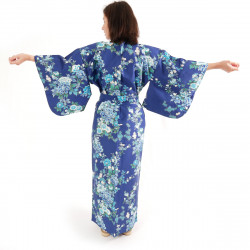 Japanischer blauer Baumwoll-Kimono, SAKURA PEONY, Pfingstrose und Kirschblüten