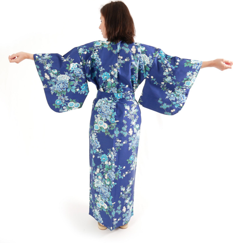 Japanese traditional blue kimono peony and cherry blossom for ladies