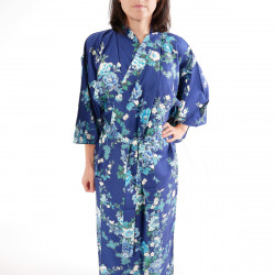 Kimono giapponese in cotone blu, SAKURA PEONY, peonia e fiori di ciliegio