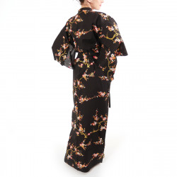 yukata japonés kimono algodón negro, KINUME, flores de ciruelo dorado