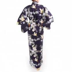 Japanese traditional blue navy cotton yukata kimono cherry blossoms and crane for ladies