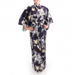 Japanese traditional blue navy cotton yukata kimono cherry blossoms and crane for ladies