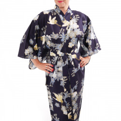 japanische Yukata Kimono blaue Baumwolle, SAKURA TSURU, Kirschblüten und Kraniche