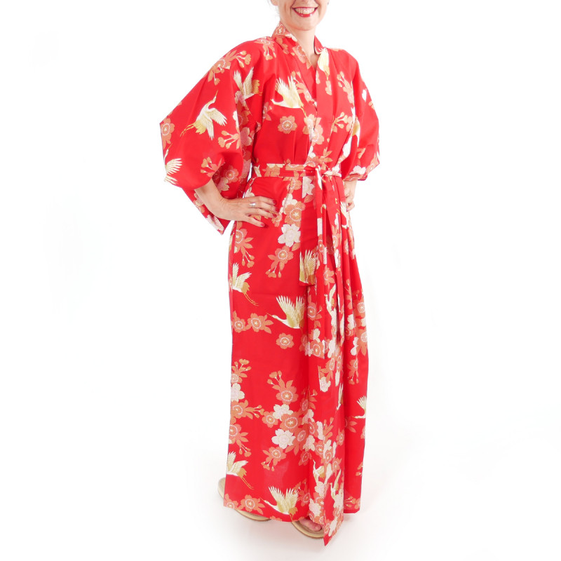 kimono yukata traditionnel japonais rouge en coton fleurs de cerisiers et grues pour femme