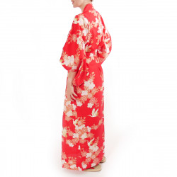 kimono yukata traditionnel japonais rouge en coton fleurs de cerisiers et grues pour femme