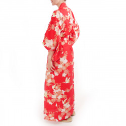 yukata japonés kimono rojo algodón, SAKURA TSURU, flores de cerezo y grullas