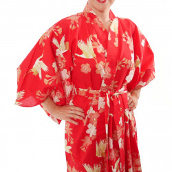 kimono giapponese yukata in cotone rosso, SAKURA TSURU, fiori di ciliegio e gru