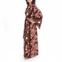 japanischer Yukata Kimono aus schwarzer Baumwolle, KIKU, Mütter