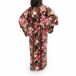 japanischer Yukata Kimono aus schwarzer Baumwolle, KIKU, Mütter