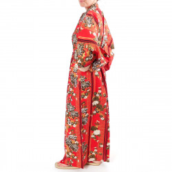 Japanese traditional red cotton yukata kimono chrysanth blooming for ladies