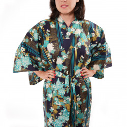 japanische Yukata Kimono blaue Baumwolle, KIKU, Mütter