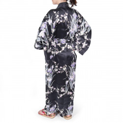 japanese black silk kimono yukata iris and plum for women