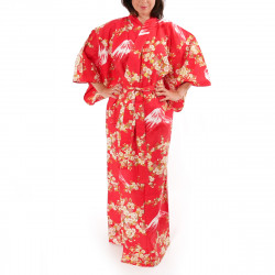 yukata japonés kimono rojo algodón, SAKURA FUJI, Sakura flores de cerezo y monte fuji