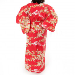 kimono giapponese yukata in cotone rosso, SAKURA FUJI, fiori di ciliegio sakura e monte fuji