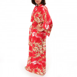 kimono giapponese yukata in cotone rosso, SAKURA FUJI, fiori di ciliegio sakura e monte fuji