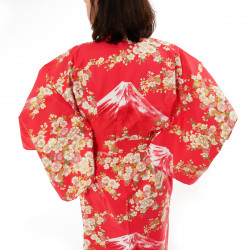 japanische Yukata Kimono rote Baumwolle, SAKURA FUJI, Sakura-Kirschblüten und Fuji-Montierung