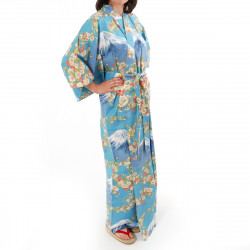 japanische Yukata Kimono blaue Baumwolle, SAKURA FUJI, Sakura-Kirschblüten und Fuji-Montierung