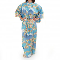 japanische Yukata Kimono blaue Baumwolle, SAKURA FUJI, Sakura-Kirschblüten und Fuji-Montierung