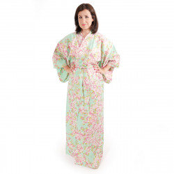 japanischer Yukata Kimono Türkis Baumwolle, SAKURA, Kirschblüten